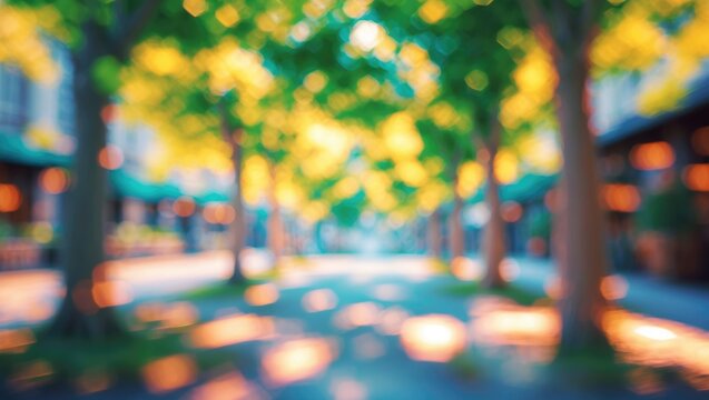 Blurry outdoor street scene with blurred trees and defocused background in park with natural lighting reflecting a calm and tranquil environment