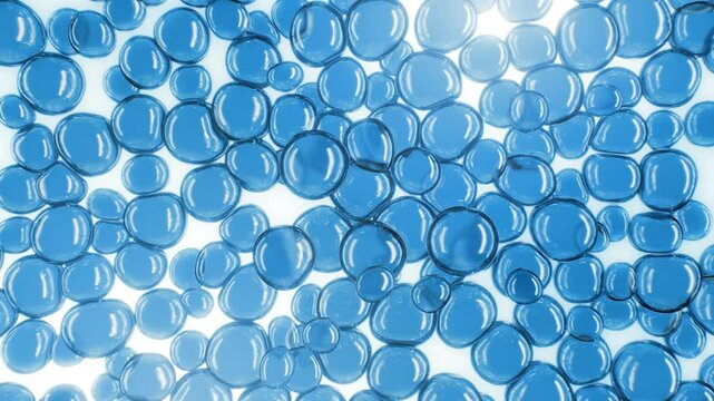 Multiple shiny hydrogen, h2, oxygen, o2, or nitrogen, gas particles floating slowly in the air. Photorealistic science, medical background 3D animation.