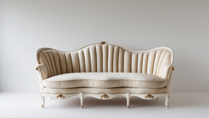 Classical style armchair sofa couch canape with carved wood and upholstered beige fabric, isolated on a white background