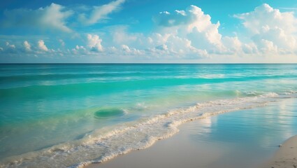 Calm turquoise water softly lapping the white sand beach of Xpu-Ha in Riviera Maya, Mexico, beneath a cloudy sky