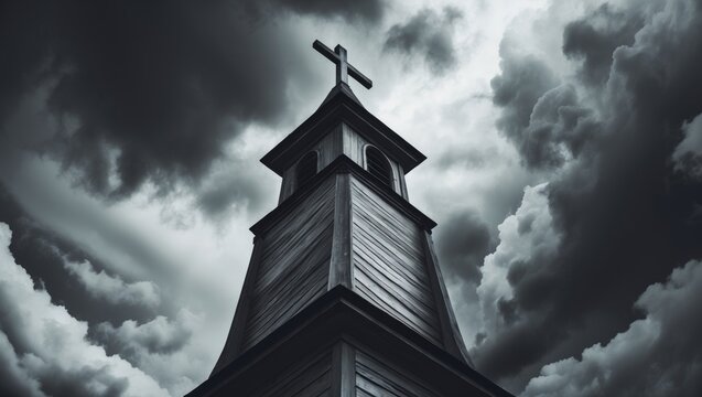 Church steeple with a cross on top ascends amidst a dramatic, cloudy sky.