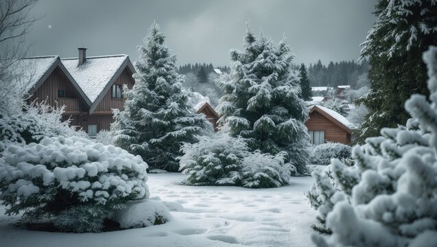 Branches are topped with snow caps, a winter nature background. Winter garden scenery. Trees blanketed with snow.