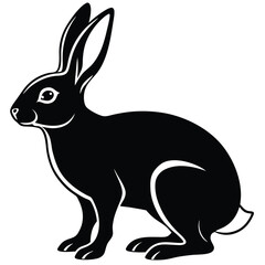 A black rabbit sits alertly with its long ears and watchful eyes