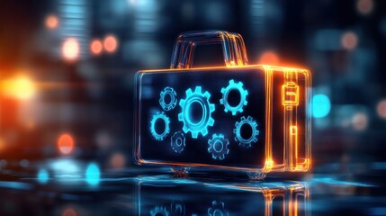 Fototapeta premium Transparent briefcase with glowing gears, city lights background