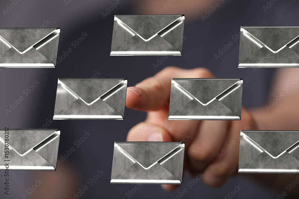 Poster hand pointing at digital email icons. concept for online communication, inbox management.