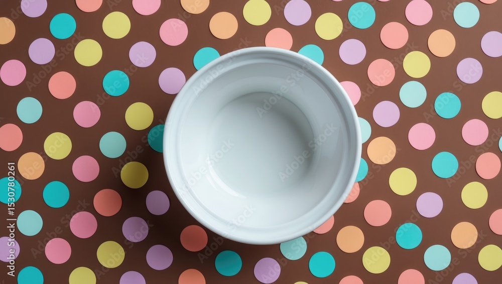 Poster closeup of an empty white plate set against a colorful polka dot background. top view with ample spa