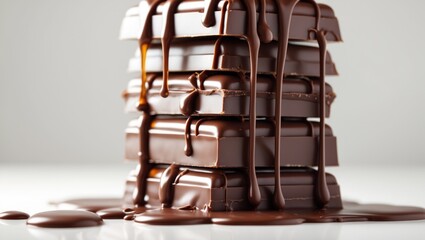 Chocolate syrup being poured over a stack of bars against a white background