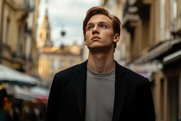 Fototapeta premium Young man looking upward in city street.