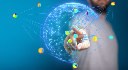 Person interacting with a digital globe, visualizing global network connections and data points.
