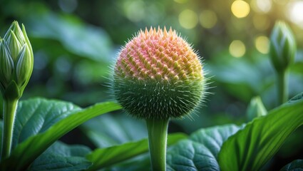 Close-up of Canna Tuerckheimii flower in initial developing stage featuring a round spiky seed coat; green canna lily seed pods.