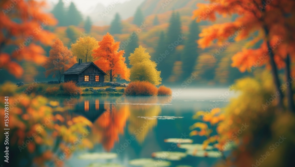 Poster blurry background of a lakeside view with a rustic cabin encircled by colorful foliage, establishing