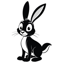 Monochrome cartoon rabbit with big eyes and ears is sitting peacefully
