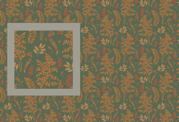Botanical foliage gold green pattern wallpaper. Yellow autumn leaves, branches, bushes and grass illustration. September leaf fall