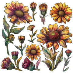 Watercolor Illustration Of Rudbeckia Flowers With Leaves And Buds On White Background.