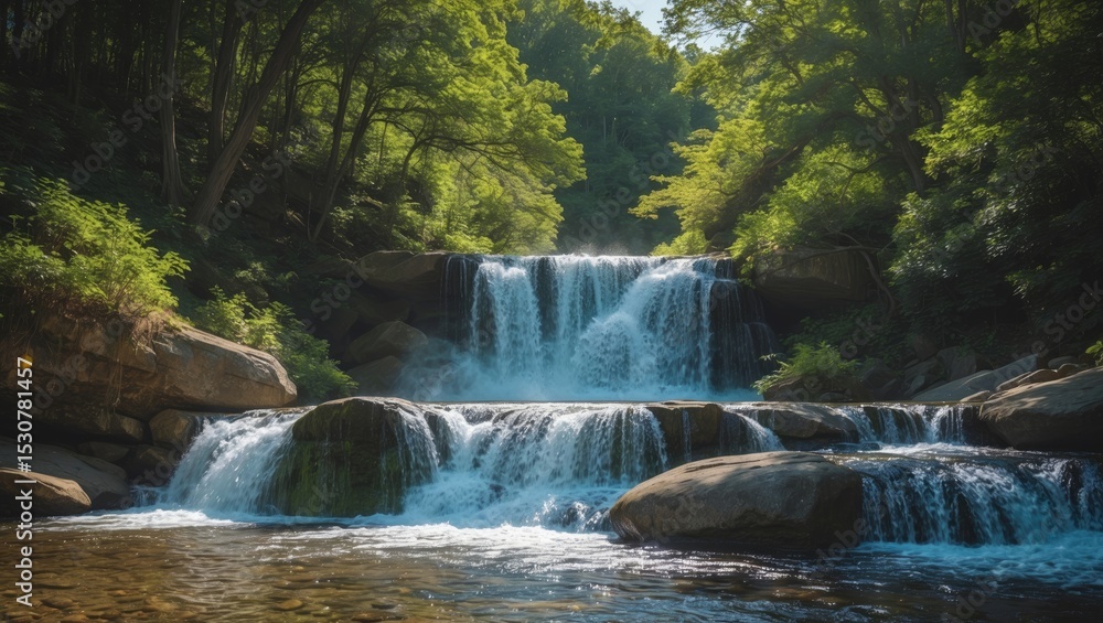 Poster flowing mountain stream cascading over rocks within a verdant forest environment
