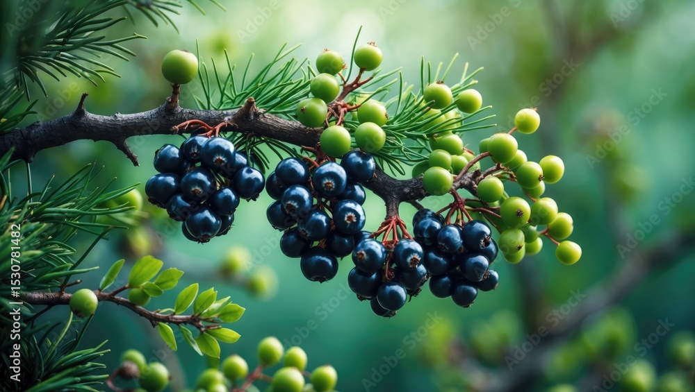 Poster close-up of juniper berries growing on tree. juniper branch with blue and green berries developing o