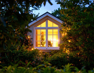 Warm light spills through a cozy window framed by lush greenery at dusk, revealing a peaceful interior with glowing decorations and potted plants on the sill.	