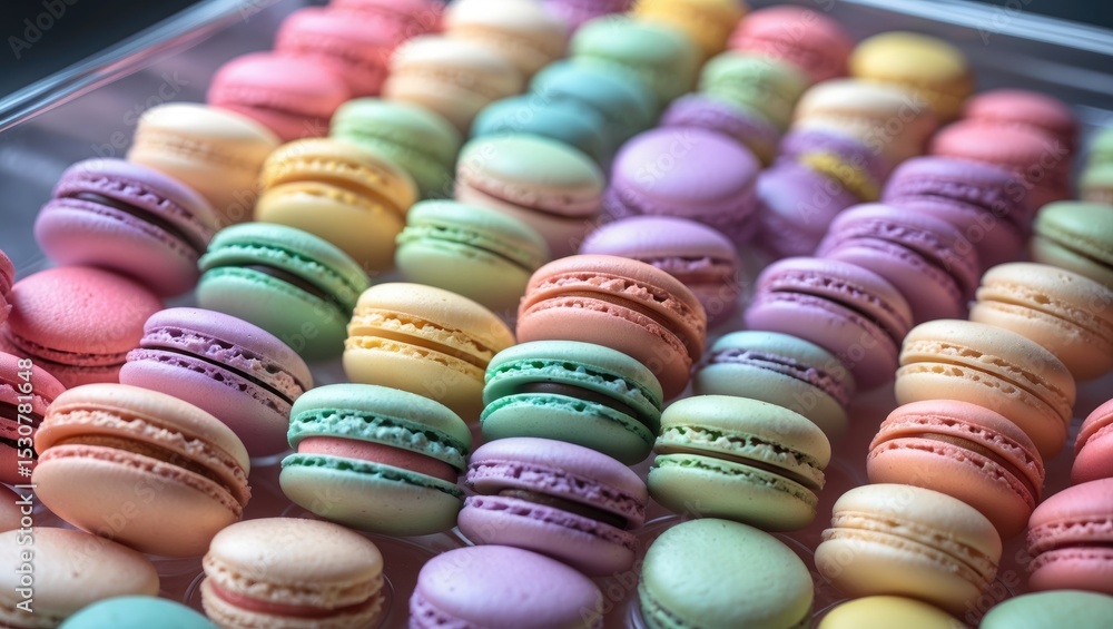 Poster box of fresh colorful macarons featuring extreme shallow depth of field with selective focus on the 