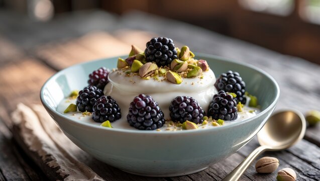 Close-up of yogurt with blackberries and pistachios in a bowl on the table