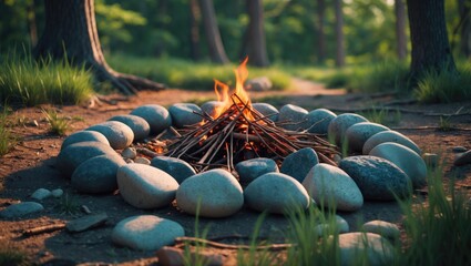 Campfire in forest setting with stacked branches, safety stones, and a round fireplace made of circle rocks containing wood.