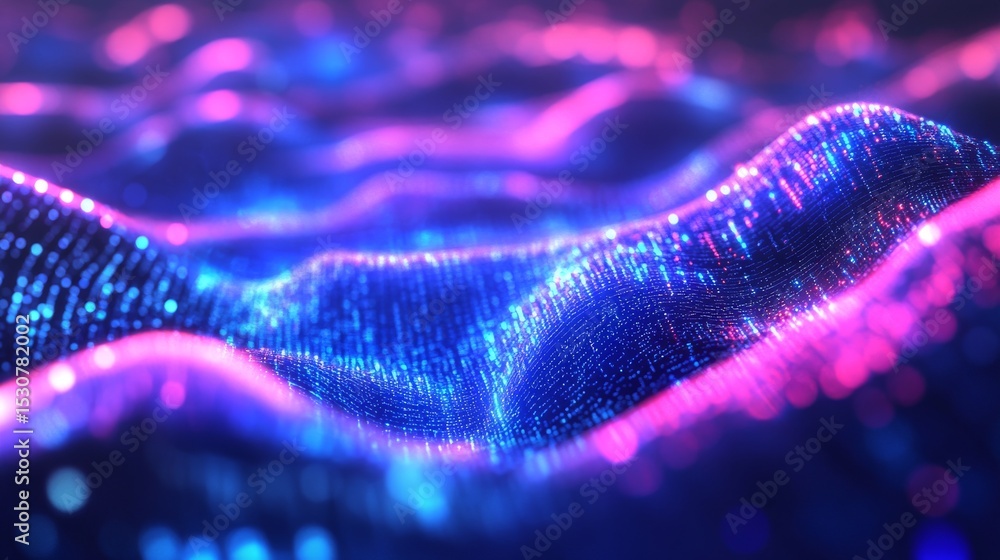 Poster glowing abstract data waves in motion with futuristic neon lines and digital light trails representi