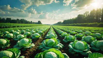 Fototapeta premium Cauliflower as a vegetable crop in agriculture and farming, emphasizing harvest, plantation, and greenery; related to gardening, produce, organic practices, and horticulture.