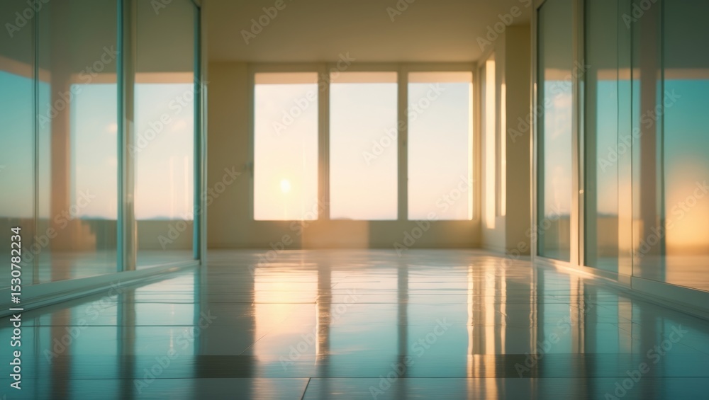 Poster blurred background of a bright and spacious empty warehouse with large windows, showcasing warm morn