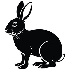 Standing black silhouette rabbit with long ears looking to the left carefully