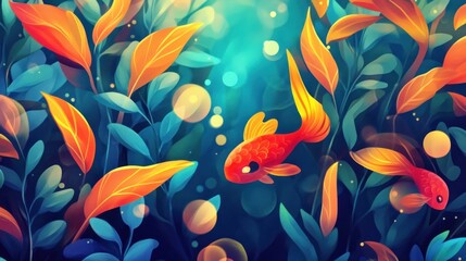 Vibrant underwater scene, orange fish amidst colorful aquatic plants