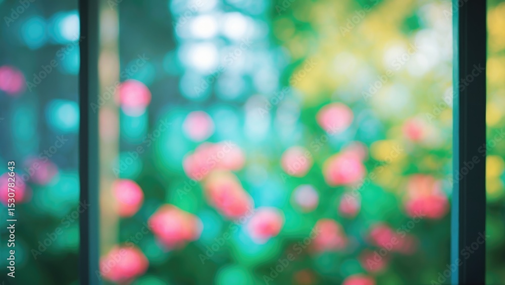 Aufkleber blur of background featuring abstract garden and flower viewed through a window
