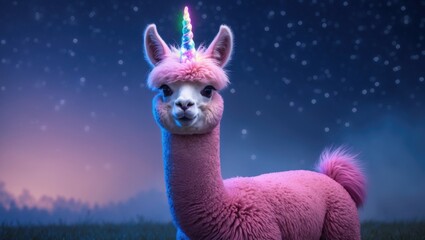 Fototapeta premium Cartoonish pink alpaca with a unicorn horn positioned alone against a starry background.