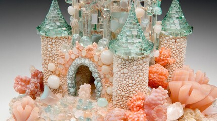 Detailed close-up of a miniature, coral-toned castle, crafted from various translucent materials