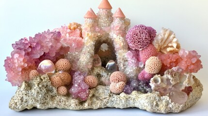 Pink crystal castle-like structure on a rocky base