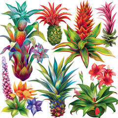 Exotic Pineapple And Flowers Illustration Set Isolated On White. Vibrant Tropical Flora For Pattern Design, Fabric, Invitations.