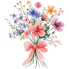 Colorful wildflowers bouquet, hand drawn, invitation card for wedding, greeting card design, spring floral arrangement, vector illustration, rustic flowers, garden bouquet.