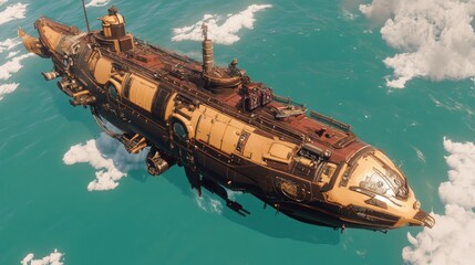 Steampunk submarine floats above turquoise water, steampunk aesthetic