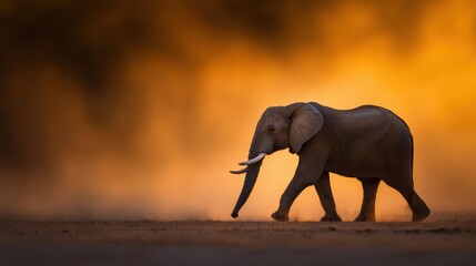 Obraz premium A solitary elephant walks gracefully across a dusty landscape at sunset, with warm hues in the background