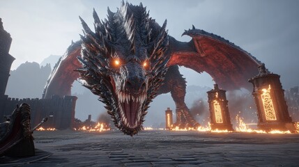 Huge dragon, fiery cityscape, epic battle