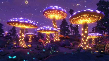 Fantasy mushroom forest lit by glowing lights at night