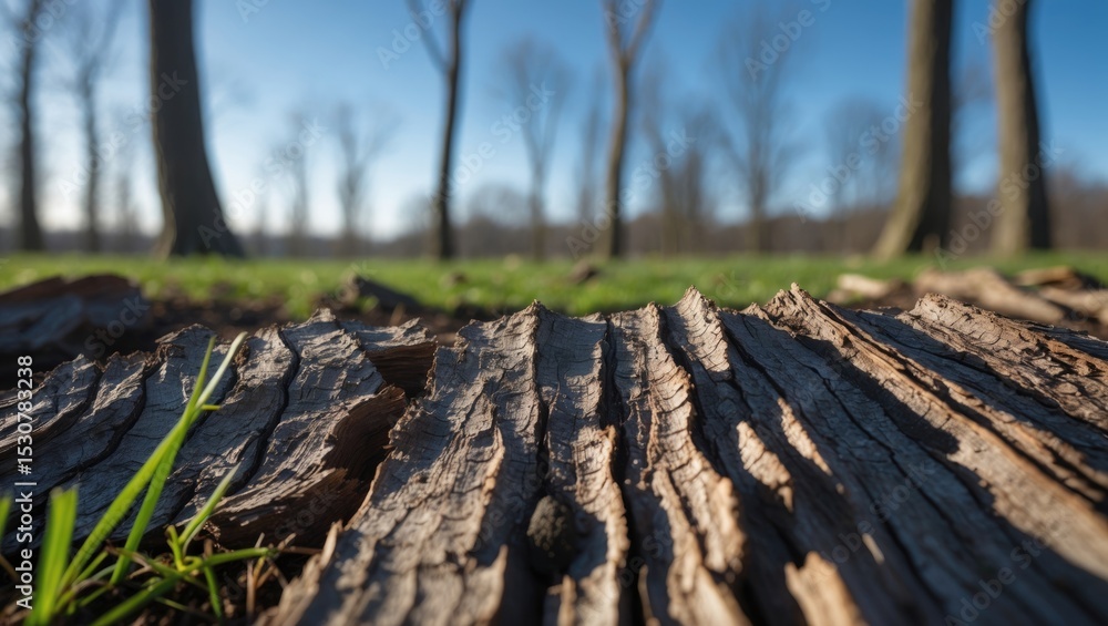 Poster close-up of tree bark texture with blurred trees in the background on a sunny day in a forest area.
