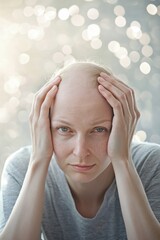 Young woman suffering from hair loss touching her head