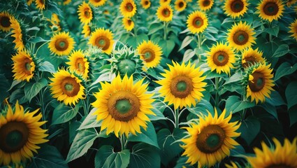 Cluster of lively and colorful yellow sunflowers. Floral backdrop.