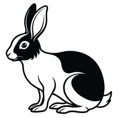 Black and white rabbit illustration is sitting, showcasing its distinct markings on soft background