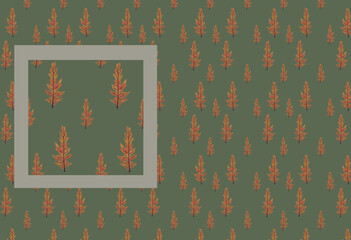 Botanical foliage green pattern wallpaper. Brown yellow autumn leaves illustration