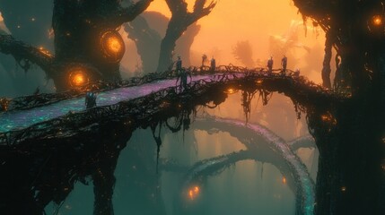 Alien forest walkway. People on a surreal bridge