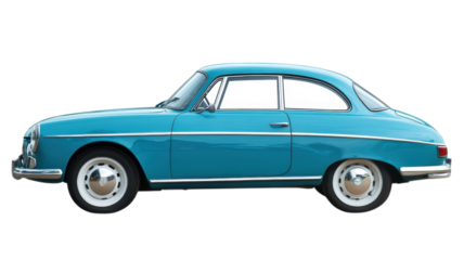 A vintage turquoise coupe is displayed with a sleek profile and chrome accents, highlighting its classic design details