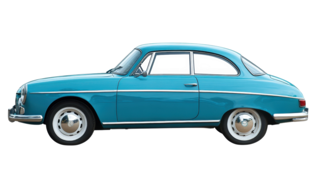 A vintage turquoise coupe is displayed with a sleek profile and chrome accents, highlighting its classic design details
