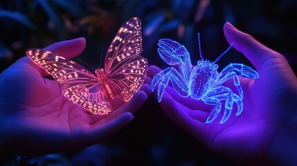 Two hands hold glowing, digital butterfly and crab