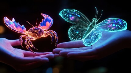 Two glowing, translucent creatures?a crab and butterfly?hover between outstretched hands