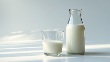 Bottle and glass of milk on a plain white background